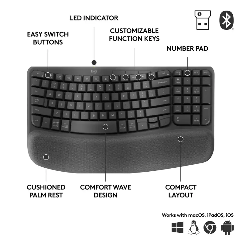 Logitech Wave Keys for Business Εργονομικό πληκτρολόγιο Full-Size Ασύρματο