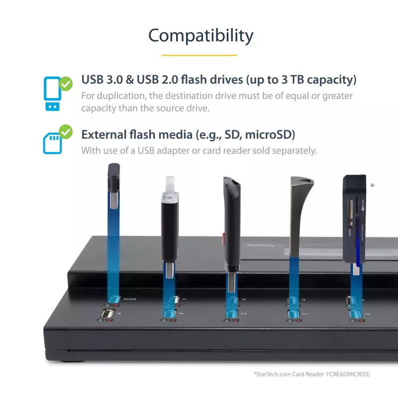 StarTech.com Standalone 1 to 15 USB Thumb Drive Duplicator and Eraser, Multiple USB Flash Drive Copier, System and File and Whole-Drive Copy at 1.5 GB/min, Single and 3-Pass Erase, LCD Display - TAA