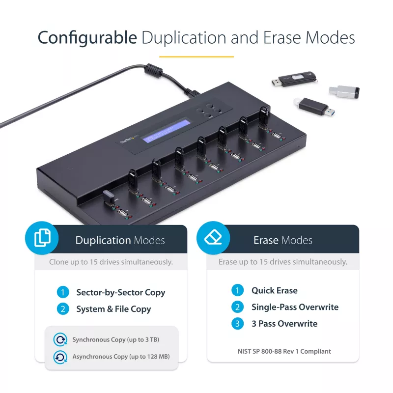 StarTech.com Standalone 1 to 15 USB Thumb Drive Duplicator and Eraser, Multiple USB Flash Drive Copier, System and File and Whole-Drive Copy at 1.5 GB/min, Single and 3-Pass Erase, LCD Display - TAA