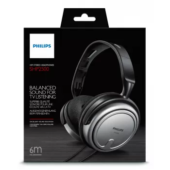 Philips SHP2500/10 ενσύρματα ακουστικά κεφαλής για τηλεόραση, καλώδιο 6 m, βύσμα 3,5/6,3 mm, 9 - 23000 Hz, 32 Ohm, ρύθμιση έντασης, μαύρο/ασημί