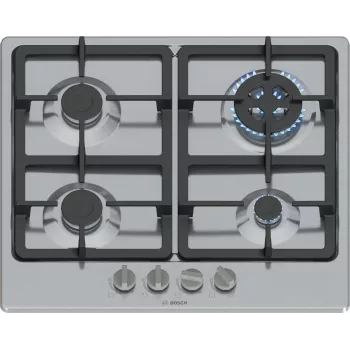 Εντοιχιζόμενη εστία υγραερίου Bosch Serie 4 PGH6B5K90, 4 ζώνες ανοξείδωτο ατσάλι, 60 cm, περιστροφικοί διακόπτες, καυστήρας wok