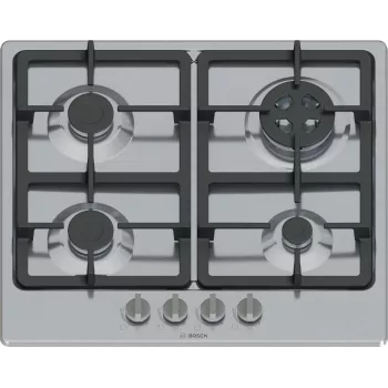 Εντοιχιζόμενη εστία υγραερίου Bosch Serie 4 PGH6B5K90, 4 ζώνες ανοξείδωτο ατσάλι, 60 cm, περιστροφικοί διακόπτες, καυστήρας wok