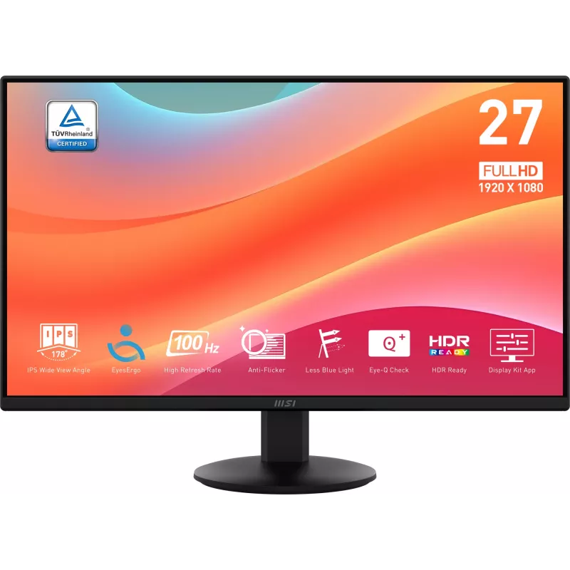 MSI PRO MP272L οθόνη, 27 ίντσες (68,6 cm), 1920 x 1080 Full HD, 16:9, 100 Hz, 1 ms, HDMI, DisplayPort, ματ, μαύρο