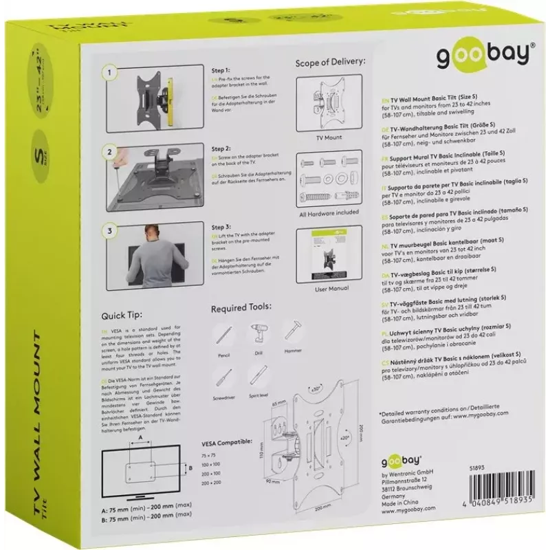 Goobay TV EasyFlex M Βάση τοίχου με λειτουργία κλίσης, μαύρο (51893)