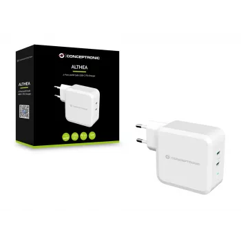 Conceptronic ALTHEA 2-Port 100W GaN USB-C PD Φορτιστής, Εσωτερικού χώρου, Εναλλασσόμενο ρεύμα, 5 V, 5 A, Λευκός