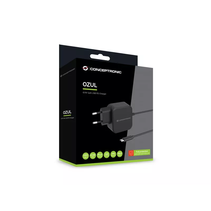 Conceptronic OZUL04BE 67W GaN USB PD Φορτιστής, ενσωματωμένο καλώδιο USB-C