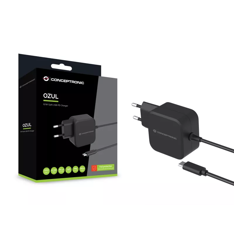 Conceptronic OZUL04BE 67W GaN USB PD Φορτιστής, ενσωματωμένο καλώδιο USB-C