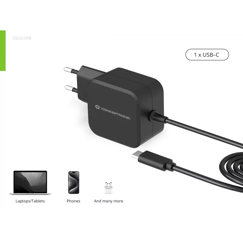 Conceptronic OZUL04BE 67W GaN USB PD Φορτιστής, ενσωματωμένο καλώδιο USB-C