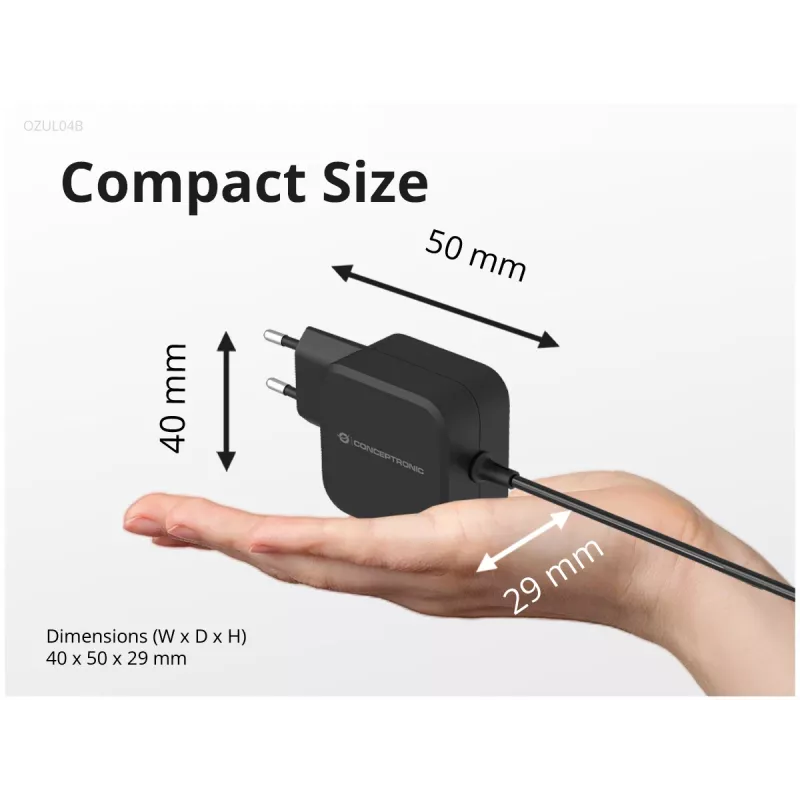 Conceptronic OZUL04BE 67W GaN USB PD Φορτιστής, ενσωματωμένο καλώδιο USB-C