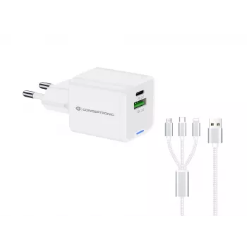 Conceptronic 2-Port 33W GaN USB PD Φορτιστής με καλώδιο φόρτισης 3-in-1, USB-C x 1, USB-A x 1, QC 3.0, PPS