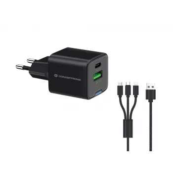 Conceptronic 2-Port 33W GaN USB PD Φορτιστής με καλώδιο φόρτισης 3-in-1, USB-C x 1, USB-A x 1, QC 3.0, PPS