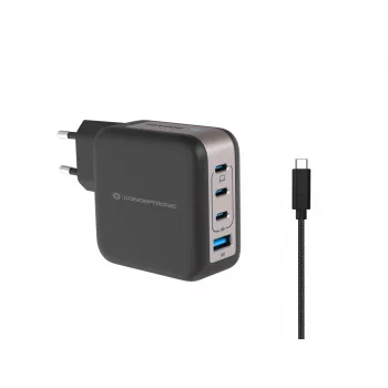 Conceptronic 4-Port 100W GaN USB PD Φορτιστής με καλώδιο φόρτισης USB-C, USB-C x 3, USB-A x 1, QC 3.0, PPS