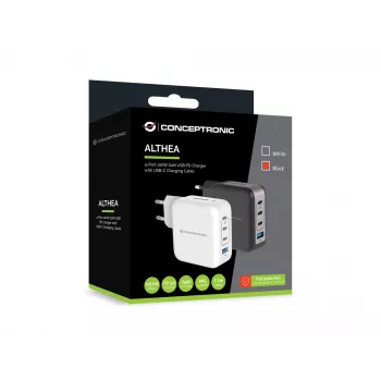 Conceptronic 4-Port 100W GaN USB PD Φορτιστής με καλώδιο φόρτισης USB-C, USB-C x 3, USB-A x 1, QC 3.0, PPS
