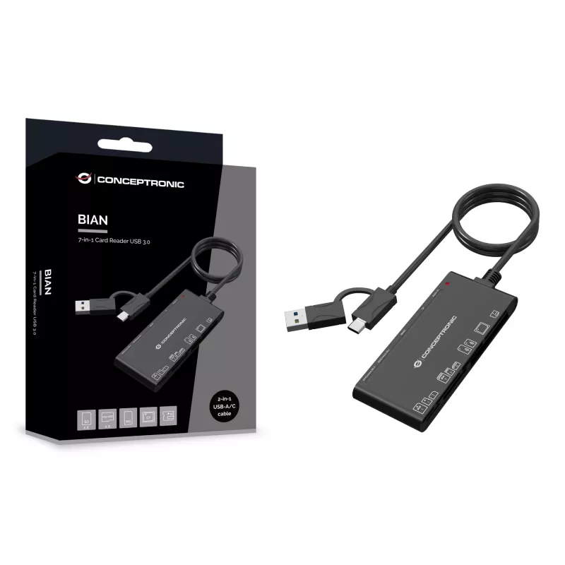 Κάρτα ανάγνωσης 7 σε 1 CONCEPTRONIC BIAN10B — USB 3.2 Gen 1 Type-A/Type-C, CF/MMC/MS/SD/MicroSD/xD, μαύρο
