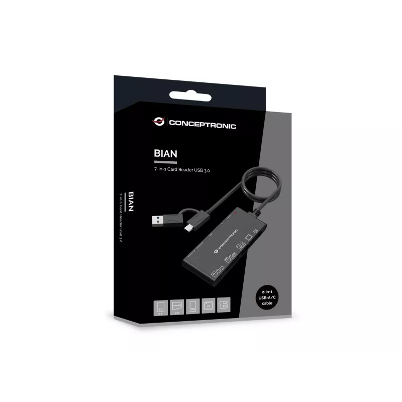 Κάρτα ανάγνωσης 7 σε 1 CONCEPTRONIC BIAN10B — USB 3.2 Gen 1 Type-A/Type-C, CF/MMC/MS/SD/MicroSD/xD, μαύρο