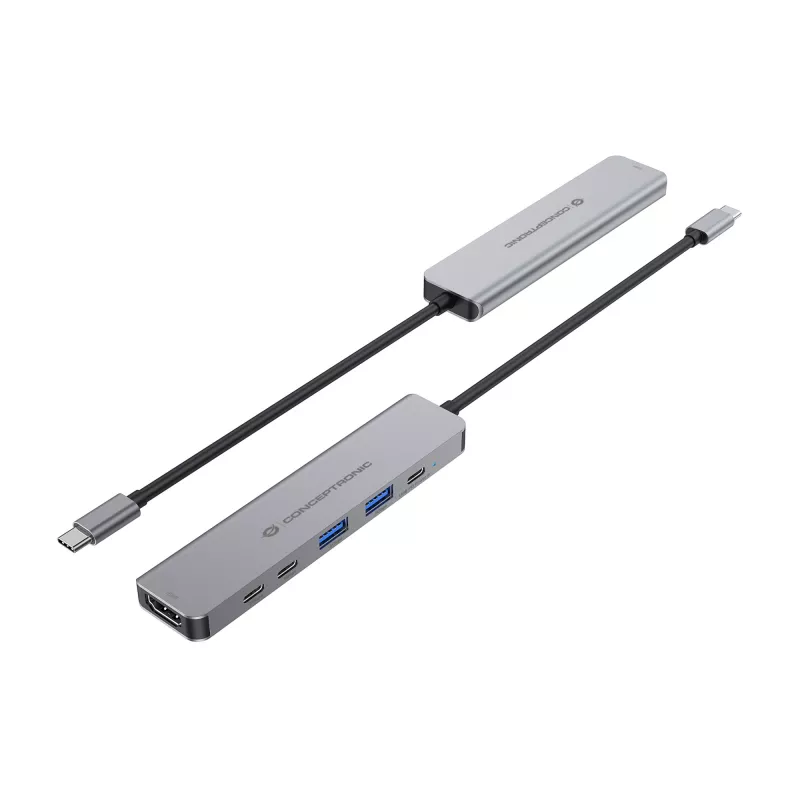 Θήκη σύνδεσης 6 σε 1 USB 3.2 Gen 1 CONCEPTRONIC DONN33G HDMI, 2×USB-A 5Gbps, 2×USB-C 5Gbps, 100W USB PD, ασημί