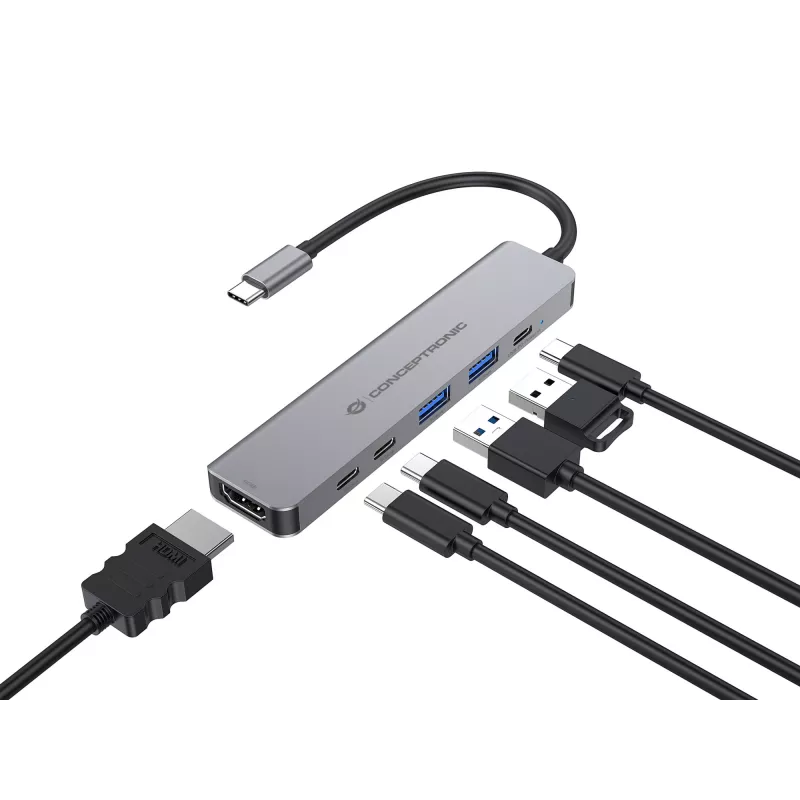 Θήκη σύνδεσης 6 σε 1 USB 3.2 Gen 1 CONCEPTRONIC DONN33G HDMI, 2×USB-A 5Gbps, 2×USB-C 5Gbps, 100W USB PD, ασημί