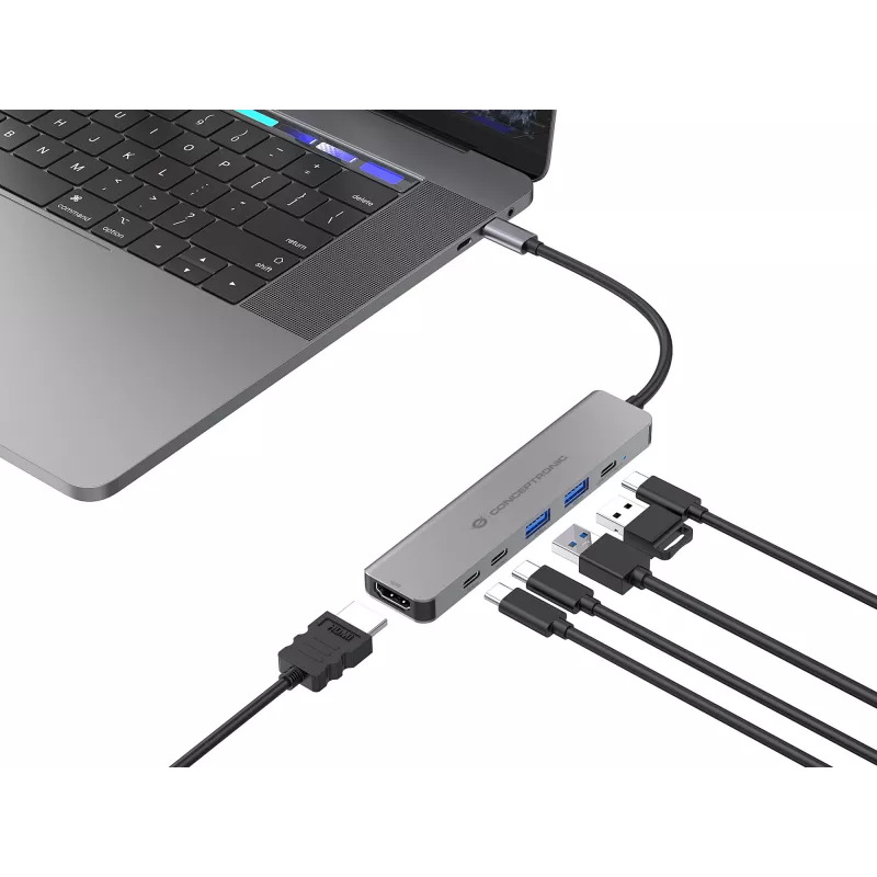 Θήκη σύνδεσης 6 σε 1 USB 3.2 Gen 1 CONCEPTRONIC DONN33G HDMI, 2×USB-A 5Gbps, 2×USB-C 5Gbps, 100W USB PD, ασημί