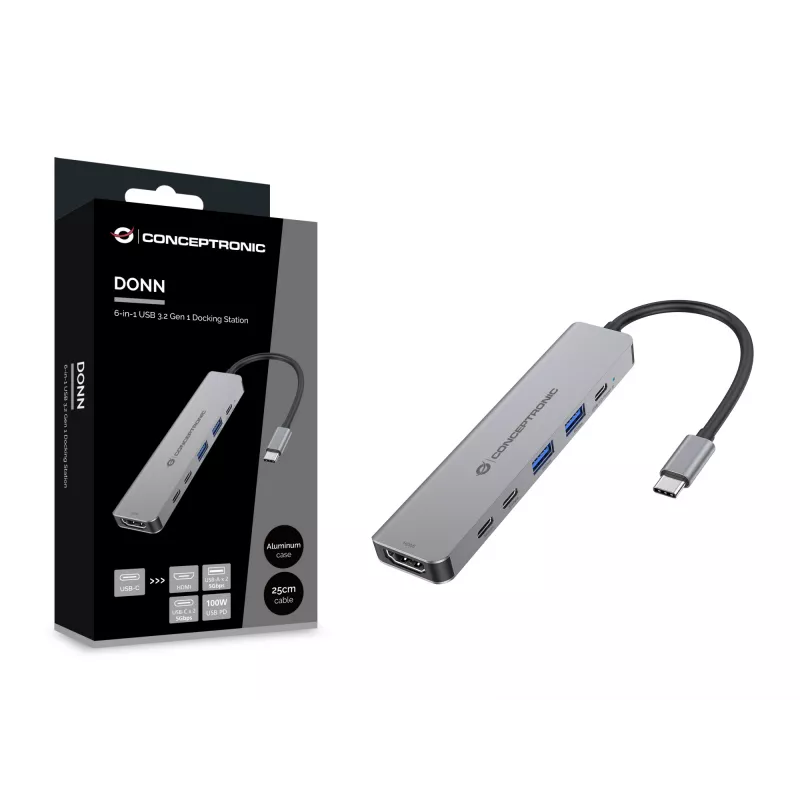 Θήκη σύνδεσης 6 σε 1 USB 3.2 Gen 1 CONCEPTRONIC DONN33G HDMI, 2×USB-A 5Gbps, 2×USB-C 5Gbps, 100W USB PD, ασημί