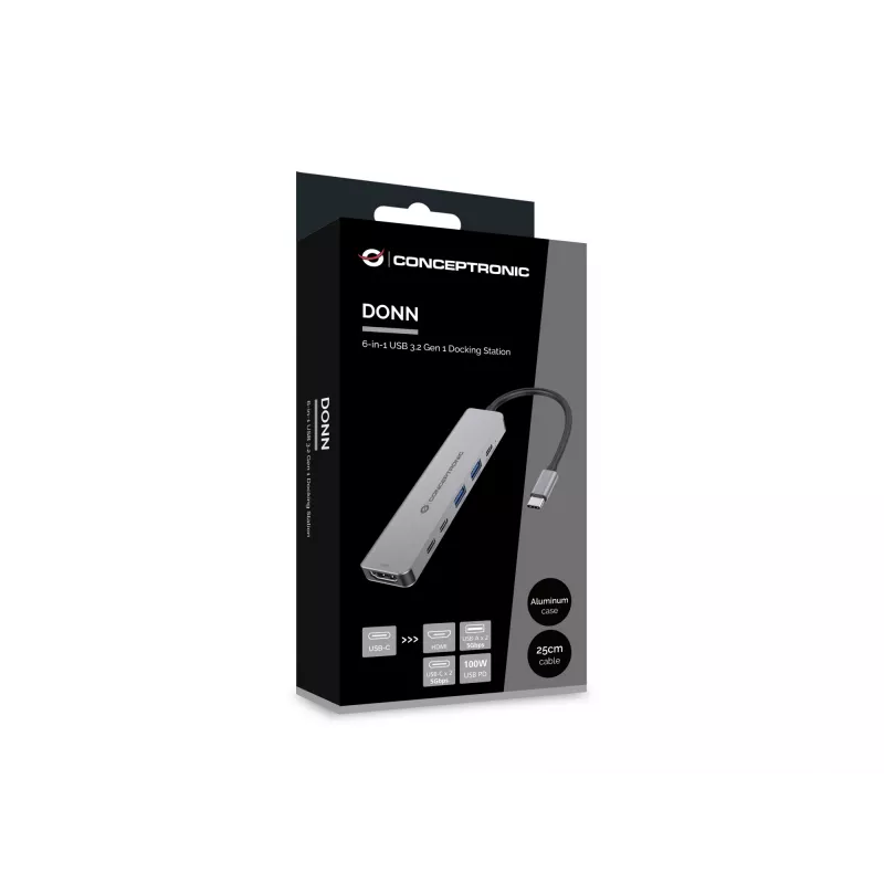 Θήκη σύνδεσης 6 σε 1 USB 3.2 Gen 1 CONCEPTRONIC DONN33G HDMI, 2×USB-A 5Gbps, 2×USB-C 5Gbps, 100W USB PD, ασημί