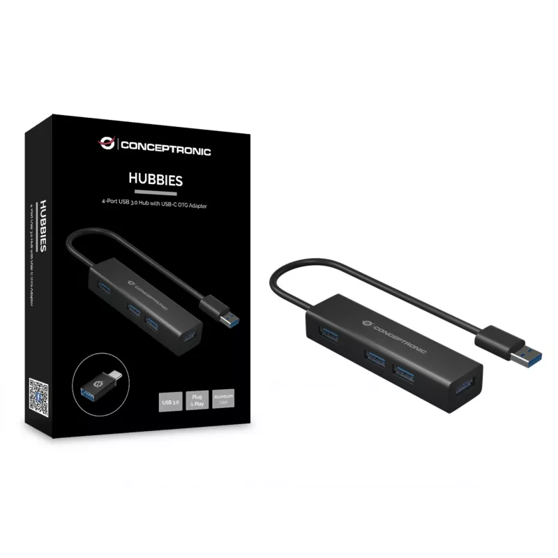 Conceptronic Διανομέας USB 3.0 4 θυρών από αλουμίνιο με προσαρμογέα USB-C σε USB-A