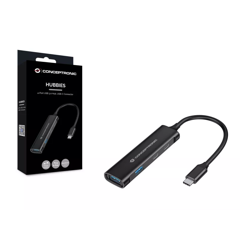Conceptronic HUBBIES Διανομέας USB 3.0 4 θυρών, 2 θύρες USB-C και 2 θύρες USB-A, θήκη αλουμινίου, βύσμα USB-C αρσενικό