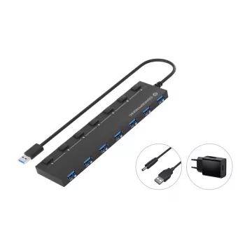 Conceptronic HUBBIES19BP Διανομέας USB 3.0 7 θυρών με τροφοδοτικό, καλώδιο 90 cm, μεμονωμένος διακόπτης, USB 3.2 Gen 1