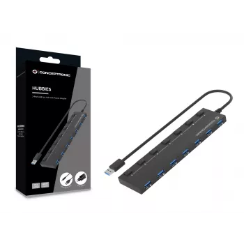 Conceptronic HUBBIES19BP Διανομέας USB 3.0 7 θυρών με τροφοδοτικό, καλώδιο 90 cm, μεμονωμένος διακόπτης, USB 3.2 Gen 1