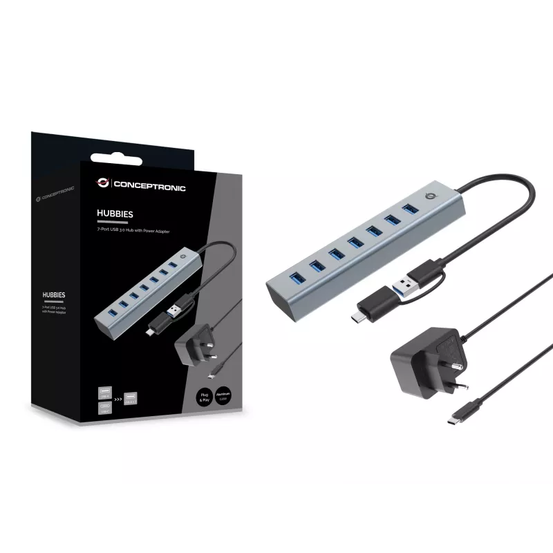 Conceptronic HUBBIES21GP Διανομέας USB 3.0 7 θυρών με τροφοδοτικό, 5 Gbit/s, USB-A x 7