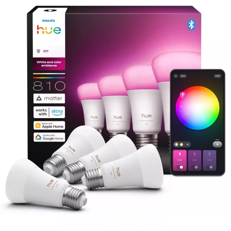 Smart Λάμπα Philips A60 E27, Bluetooth/Zigbee, 6 W, 810 lm, λευκή, συσκευασία 4 τεμ.