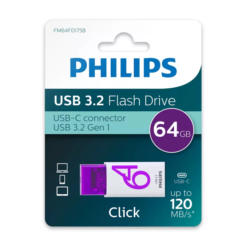 Philips Click USB-Flash-Laufwerk 64 GB USB Type-C 3.2 Gen 1 (3.1 Gen 1) Βιολετί, Λευκό