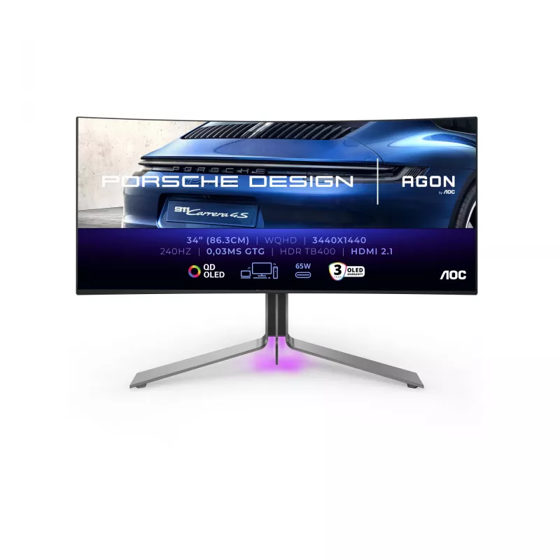 Οθόνη υπολογιστή AOC Porsche PD34 86,4 cm (34 inch) 3440 x 1440 Pixel Wide Quad HD QD-OLED Μαύρο
