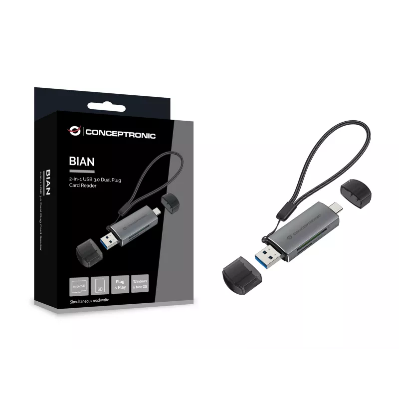 Αναγνώστης Καρτών Conceptronic BIAN05G 2-in-1 USB 3.0 Dual Plug, SD/MicroSD 3.0, UHS-I