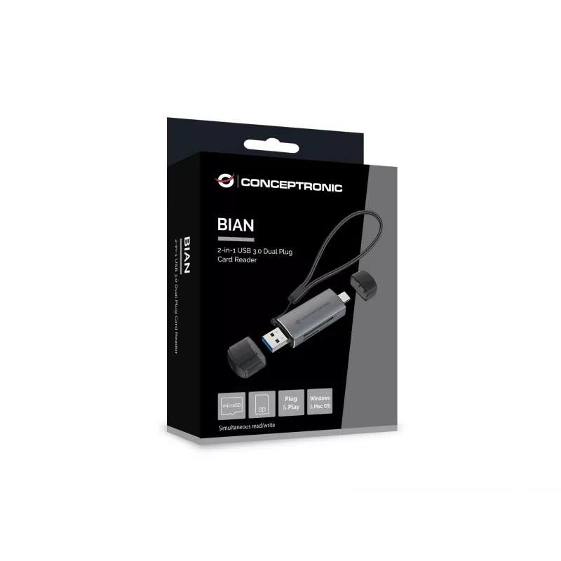 Αναγνώστης Καρτών Conceptronic BIAN05G 2-in-1 USB 3.0 Dual Plug, SD/MicroSD 3.0, UHS-I