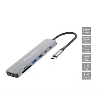 Conceptronic DONN28G βάση σύνδεσης 7-in-1 USB 3.2 Gen 1, 4K60Hz HDMI, USB-A 5Gbps x 2, USB-C 5Gbps, SD, TF/MicroSD, 100W USB PD