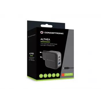 Conceptronic Φορτιστής 3 θυρών 67W GaN USB PD με καλώδιο φόρτισης USB-C, USB-C x 2, USB-A x 1, QC 3.0, PPS