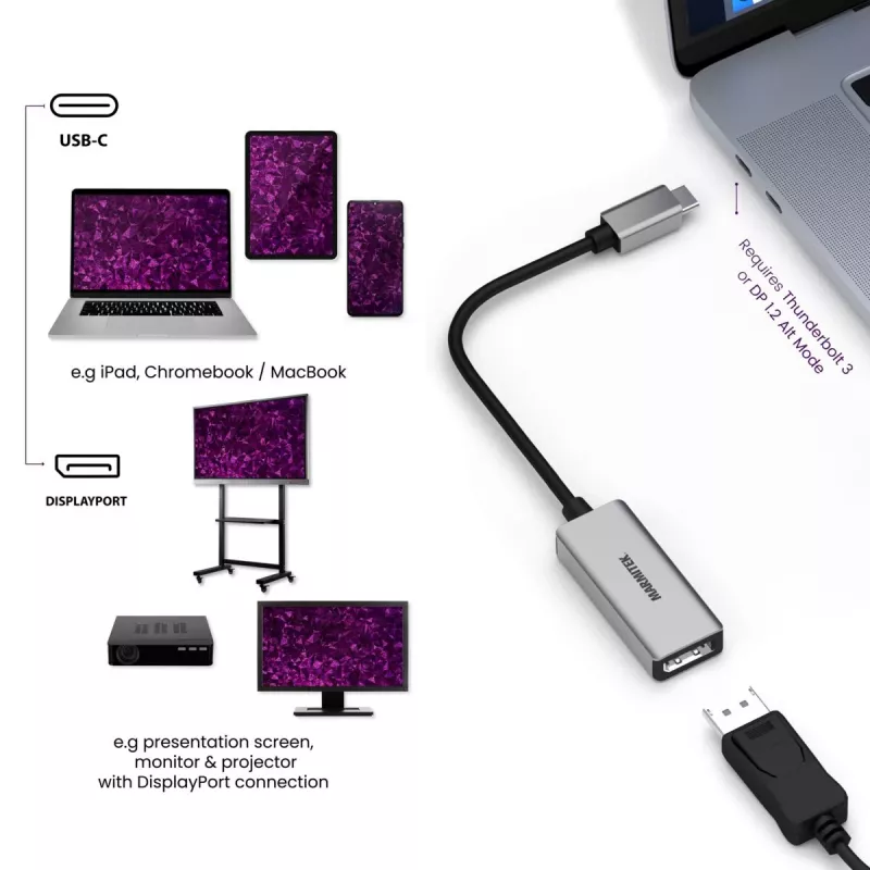 Marmitek 8371 προσαρμογέας βίντεο USB-C σε DisplayPort, 0,15 m, μαύρος/ασημί