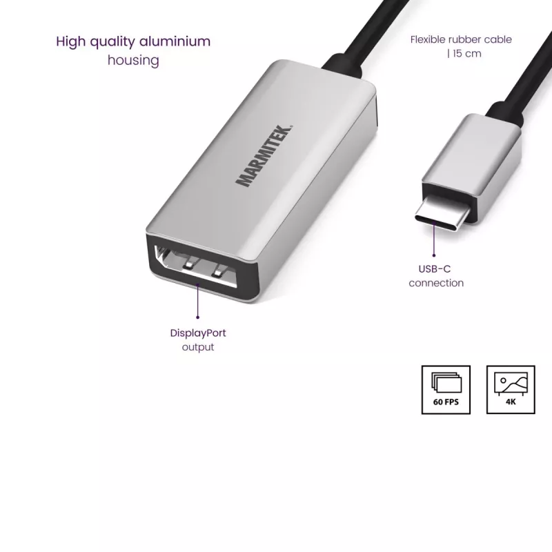 Marmitek 8371 προσαρμογέας βίντεο USB-C σε DisplayPort, 0,15 m, μαύρος/ασημί