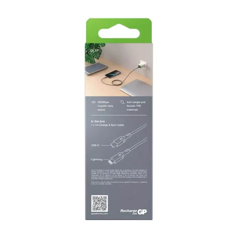 Καλώδιο GP Batteries CL1P 1m Γκρι Lightning USB C