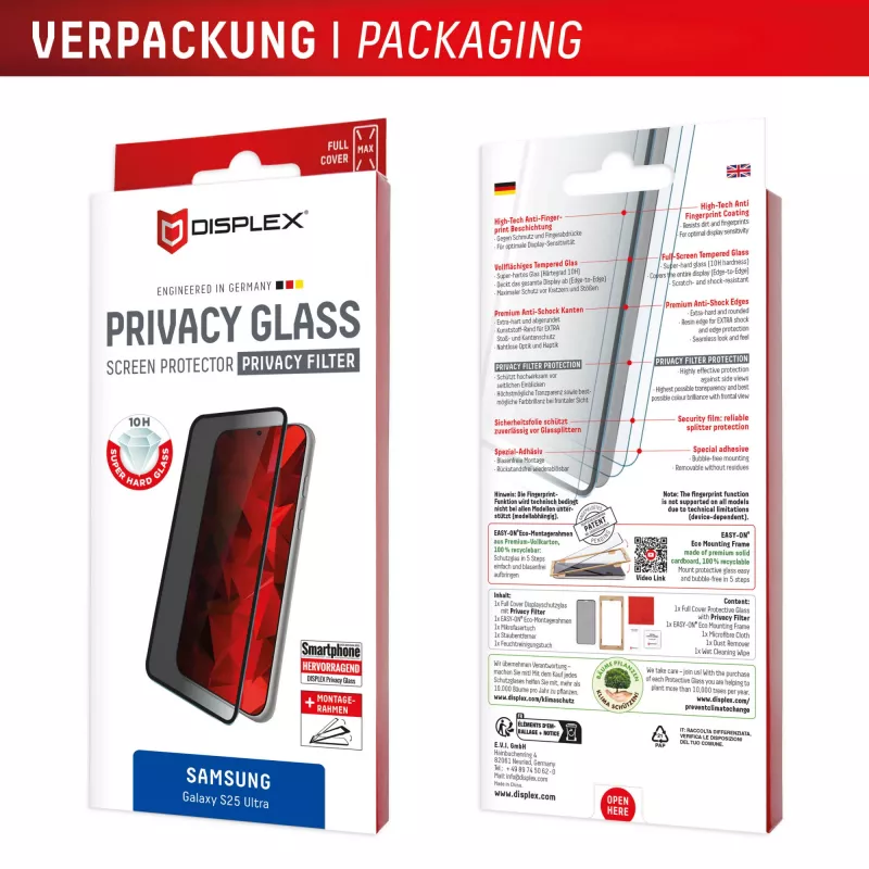 Displex Privacy Screen Protector (10H) για Samsung Galaxy S25 Ultra, Eco-Montagerahmen, Privacy-Filter