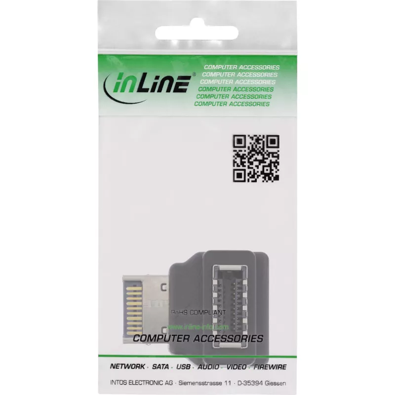 Προσαρμογέας InLine USB 3.2 εσωτερικός, βύσμα μπροστινού πάνελ USB-E αρσενικό σε υποδοχή USB-E θηλυκή 90°