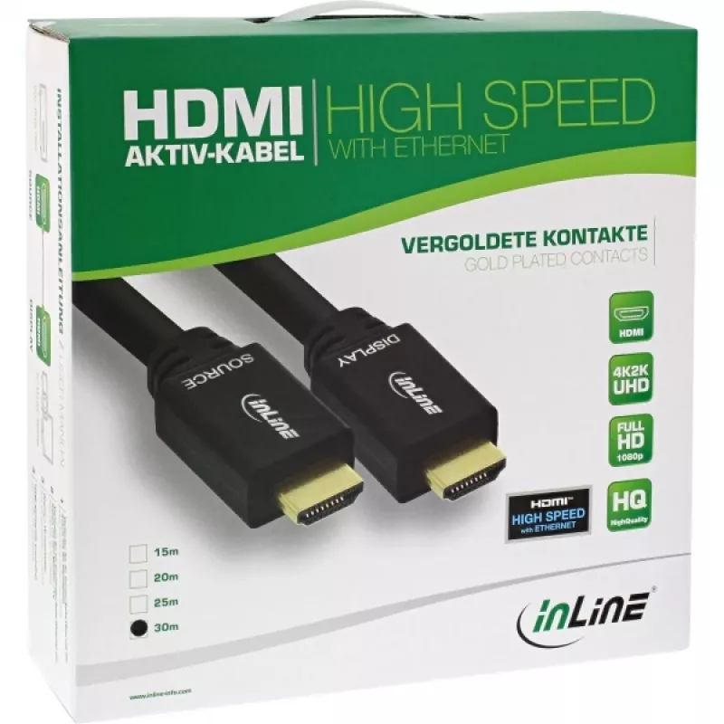 InLine, ενεργό καλώδιο High Speed HDMI με Ethernet, M/M, μαύρο, επιχρυσωμένες επαφές, 30 m