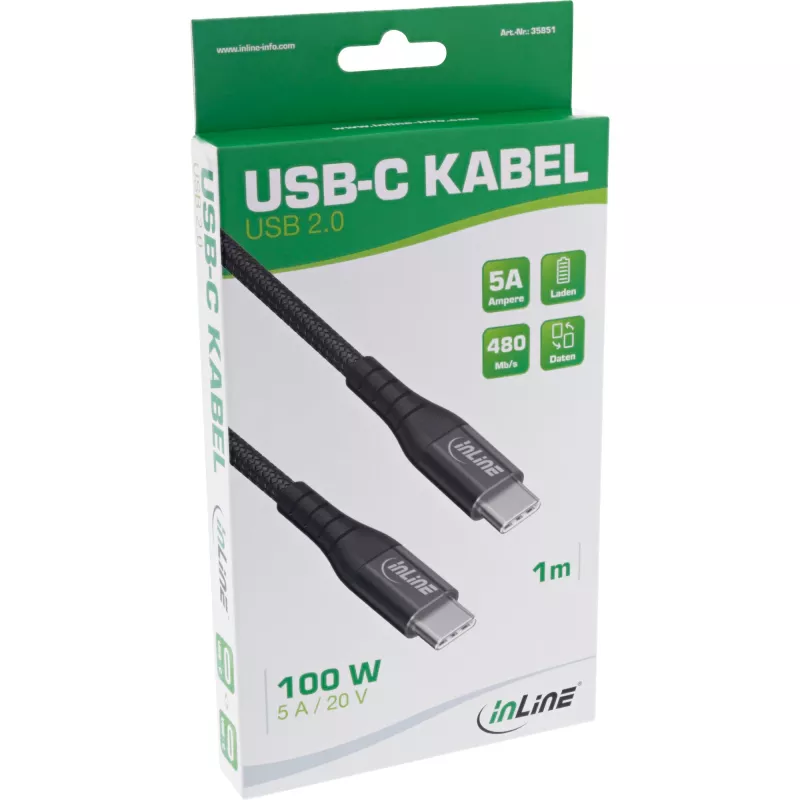 InLine Καλώδιο USB 2.0, USB-C αρσενικό/αρσενικό 100W καλώδιο γρήγορης φόρτισης, 2m