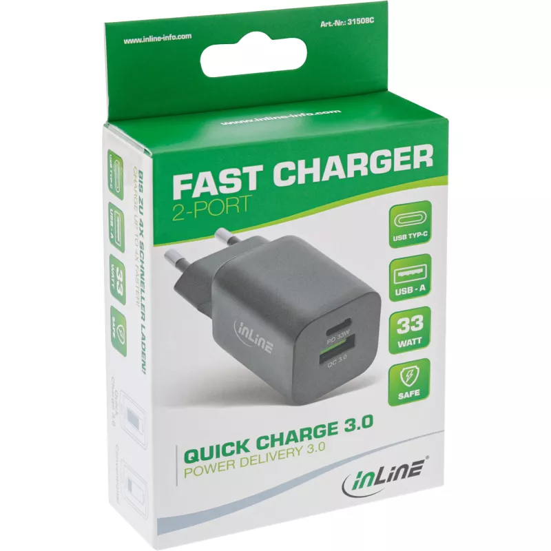 InLine Τροφοδοτικό USB, φορτιστής, USB-A + USB Type-C, 33W, PD + QC
