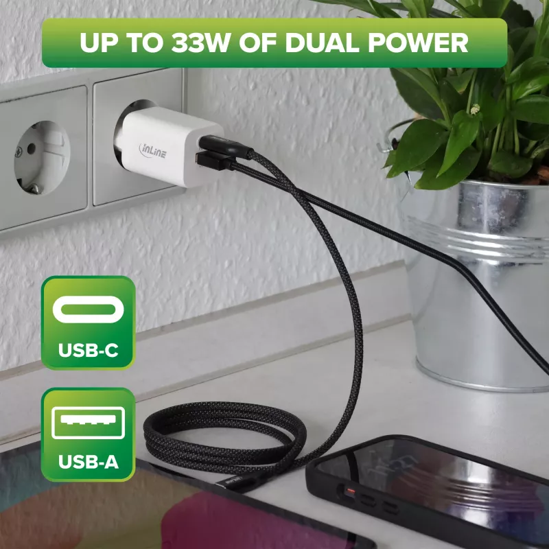 InLine Τροφοδοτικό USB, φορτιστής, USB-A + USB Type-C, 33W, PD + QC
