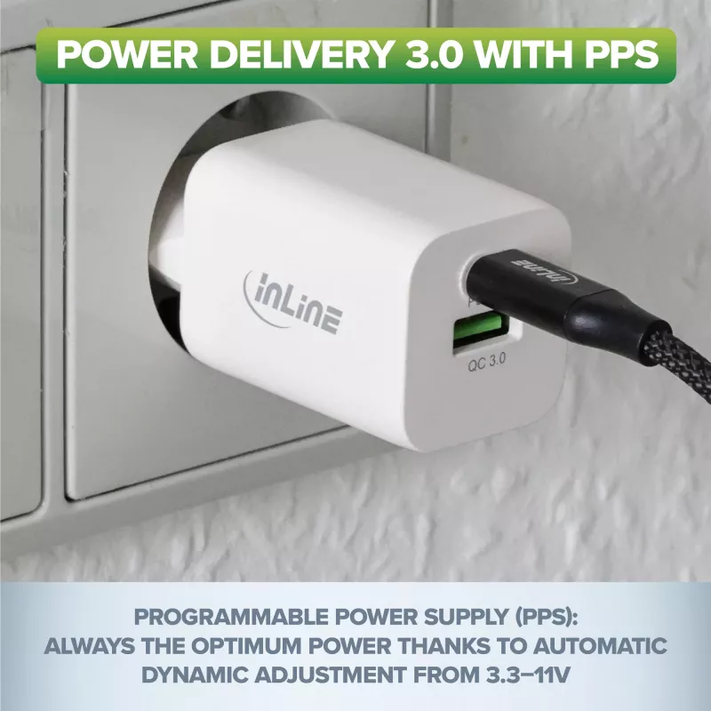 InLine Τροφοδοτικό USB, φορτιστής, USB-A + USB Type-C, 33W, PD + QC