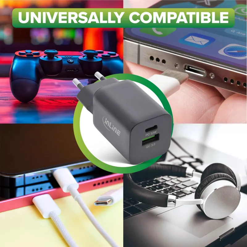 InLine Τροφοδοτικό USB, φορτιστής, USB-A + USB Type-C, 33W, PD + QC
