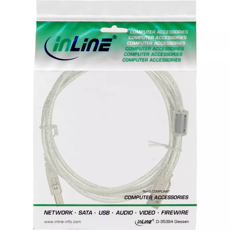 InLine Καλώδιο USB 2.0 Type-A αρσενικό / B αρσενικό διαφανές, πυρήνας ferrite, 5m