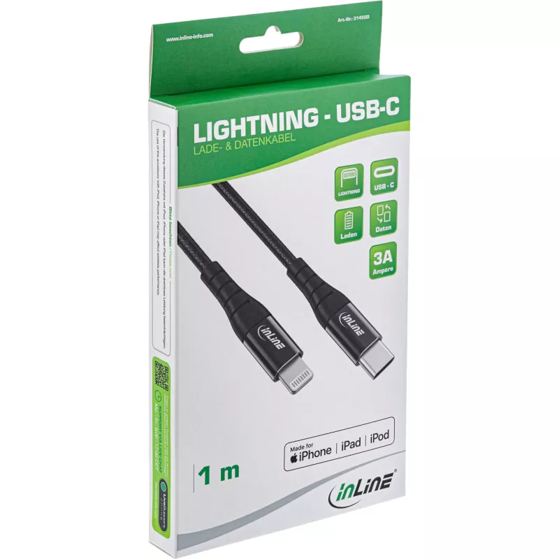 InLine Καλώδιο USB-C Lightning, για iPad, iPhone, iPod, μαύρο/Αλουμίνιο, 1m MFi