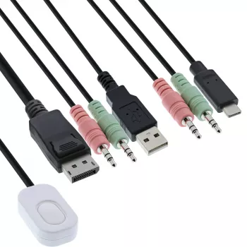 InLine διακόπτης KVM, 2 θυρών, USB-C+DP σε DisplayPort, 4K, ήχος, ενσωμ. καλώδιο